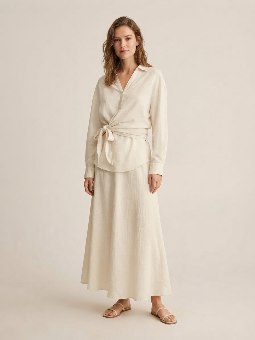 Cream Linen Blended Maxi Skirt Set